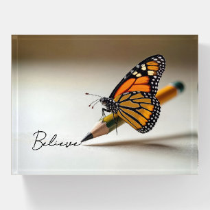 Monarch Butterfly With Believe Text Paperweight
