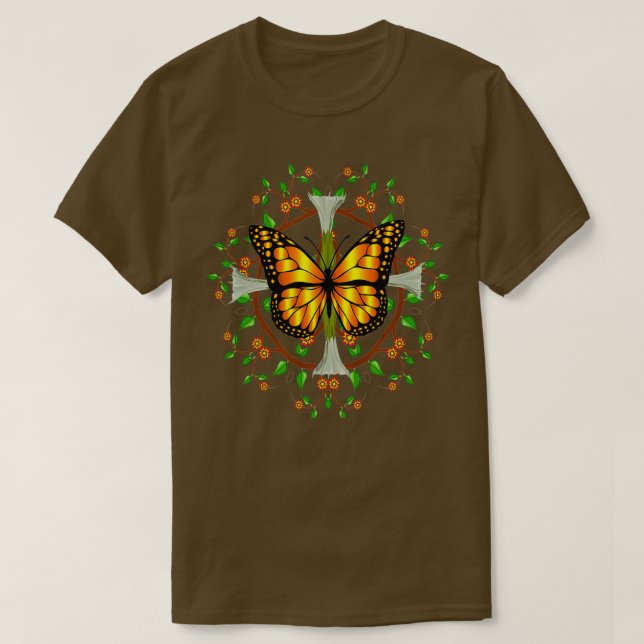 Monarch Butterfly With Datura Blooms Leaf Mandala  T-Shirt (Design Front)