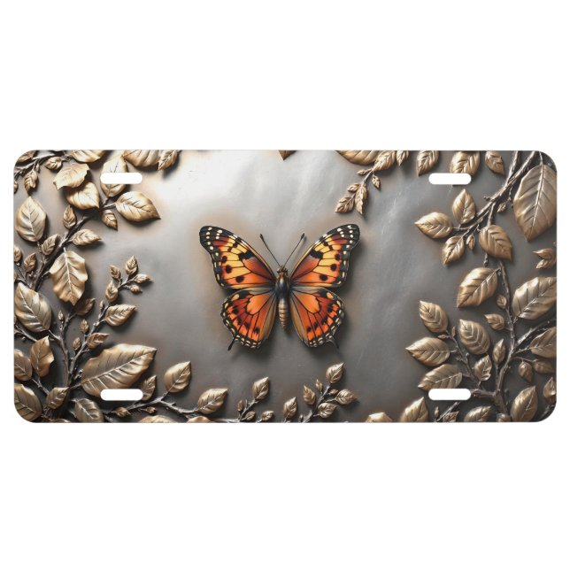 monarch butterfly with metal flower plaque license plate (Front)
