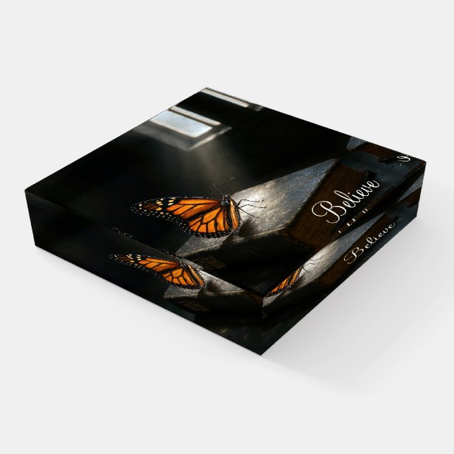 Monarch Butterfly With Text On a Holy Bible Paperweight (Angled)