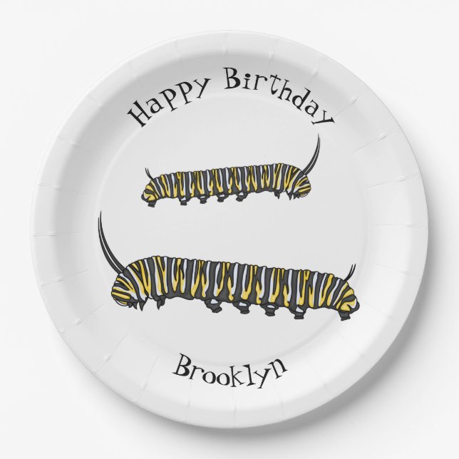 Monarch caterpillar cartoon illustration paper plates (Front)