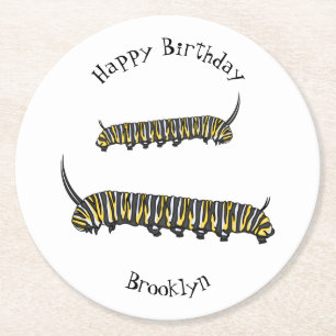 Monarch caterpillar cartoon illustration round paper coaster