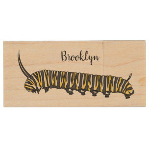 Monarch caterpillar cartoon illustration wood flash drive