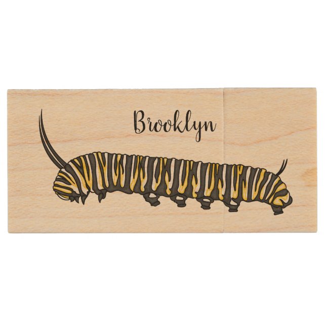 Monarch caterpillar cartoon illustration  wood flash drive (Front)