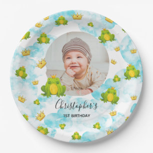 Monarch Frog Baby Photo Blue Watercolor Paper Plates