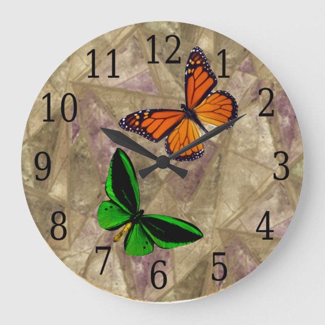 Monarch & Green Butterfly On Stein Glass Clock (Front)