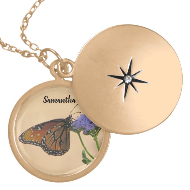 Monarch on Purple Flower Nature Photo Butterfly Go Gold Plated Necklace (Front)