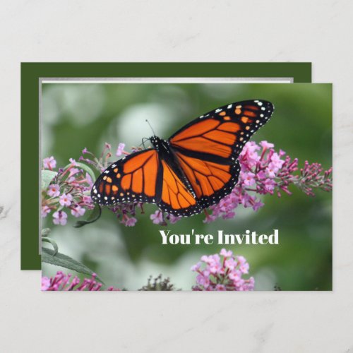 Monarch Orange Butterfly Floral Photo Birthday Invitation