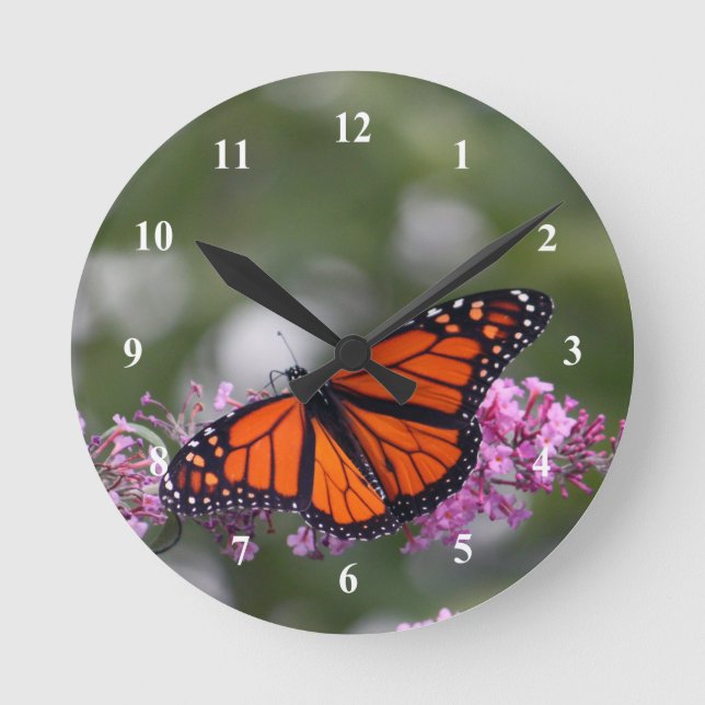Monarch Orange Butterfly Floral Photo Round Clock (Front)