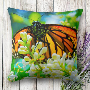 Monarch orange butterfly photo white flower bold throw pillow