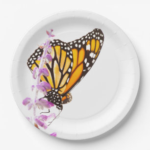 Monarch perched on lavender paper plates