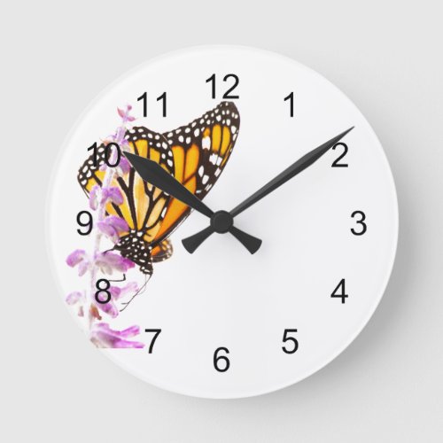 Monarch perched on Lavender Round Clock
