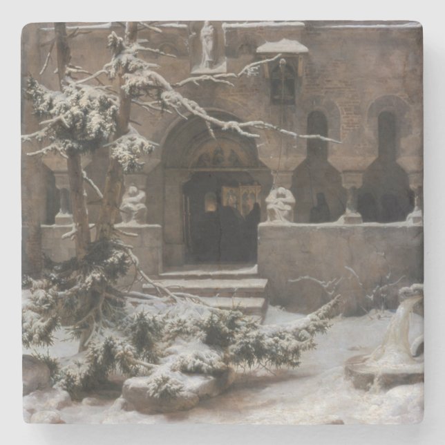 Monastery in Winter Snow (by Karl Lessing) Stone Coaster (Front)