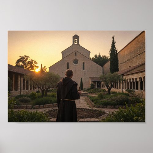 Monastic Courtyard Reflection at Dusk Poster