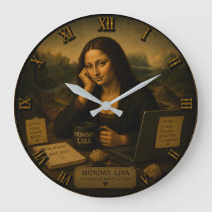 Monday Funny Mona Lisa Office Worker Coffee Humor  Large Clock
