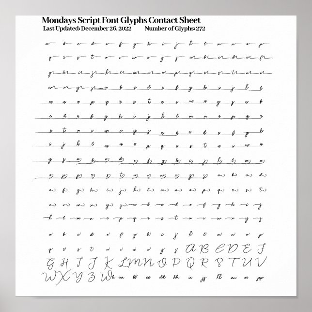 Mondays Script Font Glyphs Contact Sheet Poster (Front)