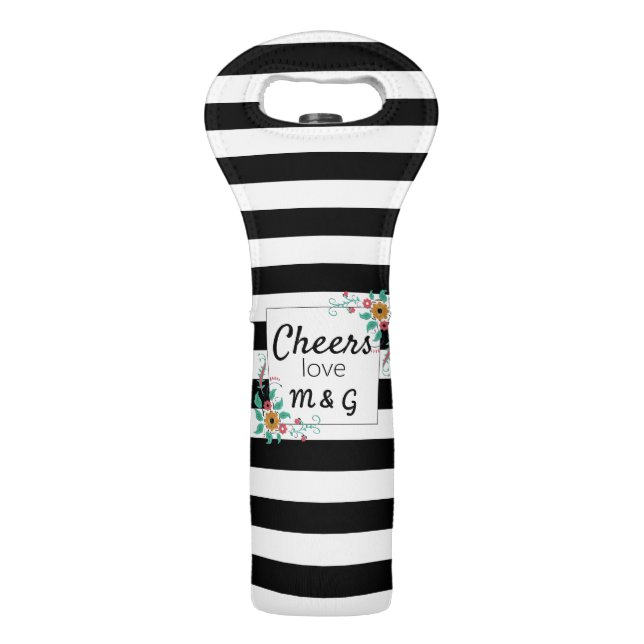 Mondern Black Stripes and Floral Cheers Wine Bag (Front)