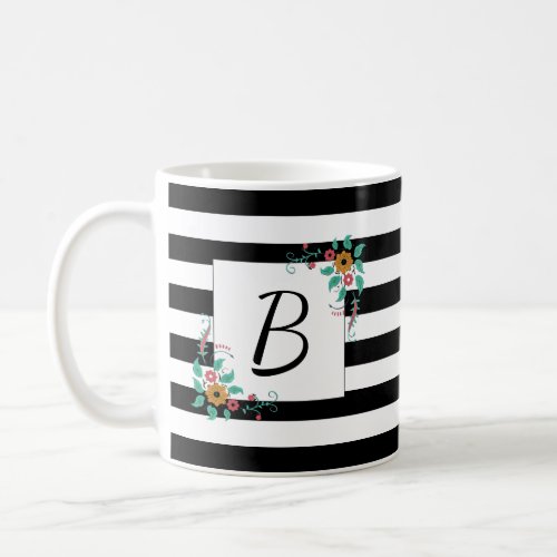 Mondern Black Stripes and Floral Monogram Coffee Mug