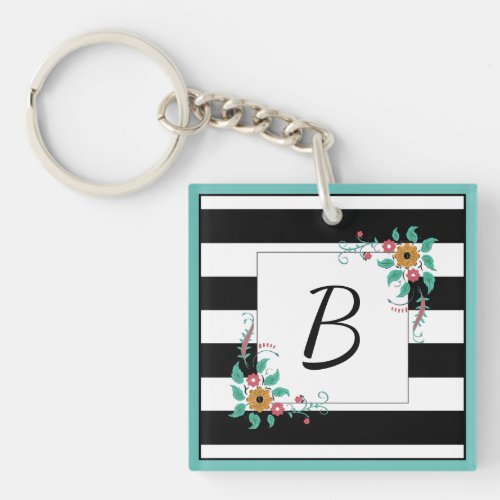Mondern Black Stripes and Floral Monogram Keychain