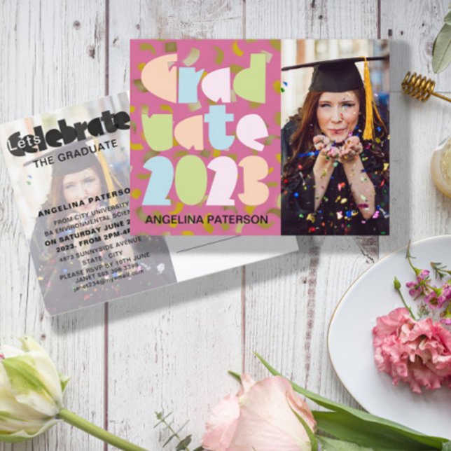 Mondern Pastel Graduation Photo Confetti Party Invitation Postcard (Creator Uploaded)