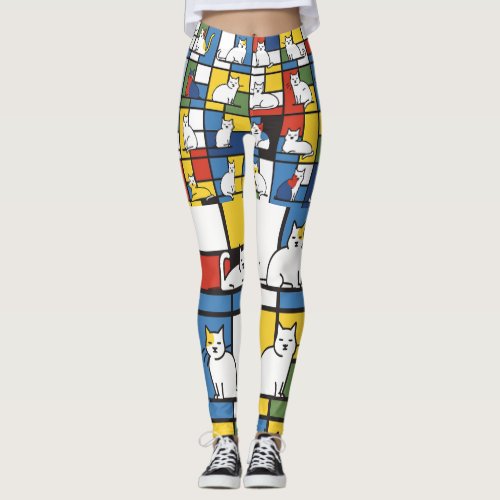 Mondrian Art Inspired Cat Illustration Leggings