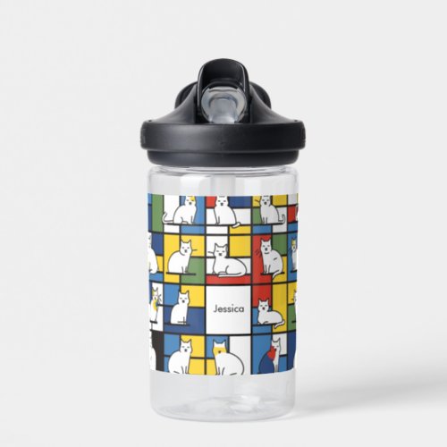 Mondrian Art Style Cat Illustration Water Bottle