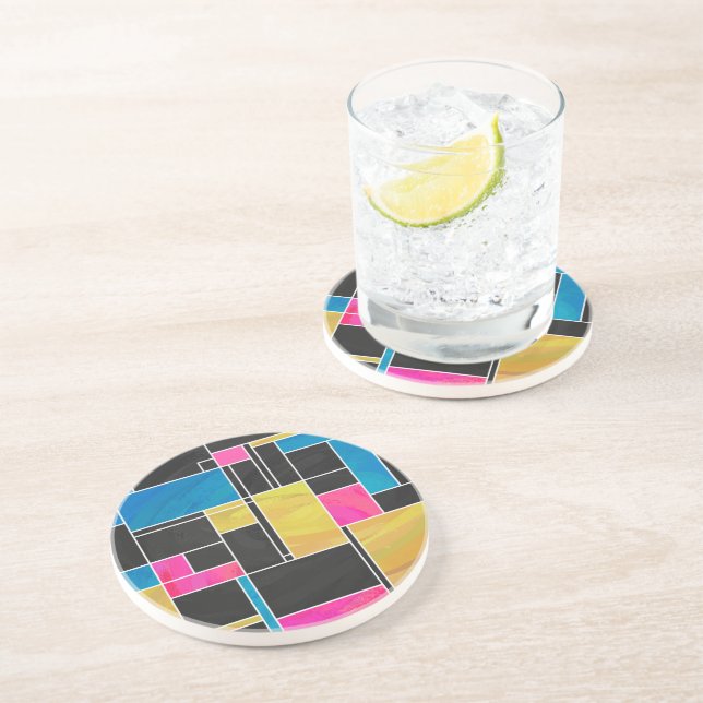 Mondrian Blue Pink Black Print Drink Coaster (Side)