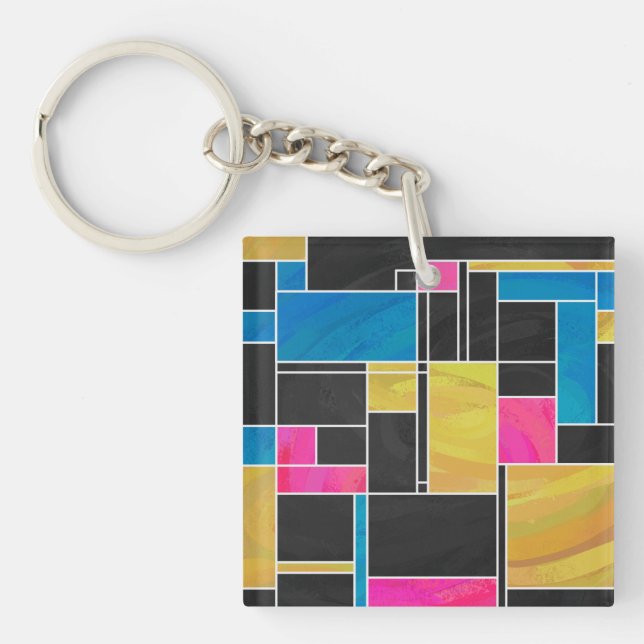 Mondrian Blue Pink Black Print Keychain (Front)