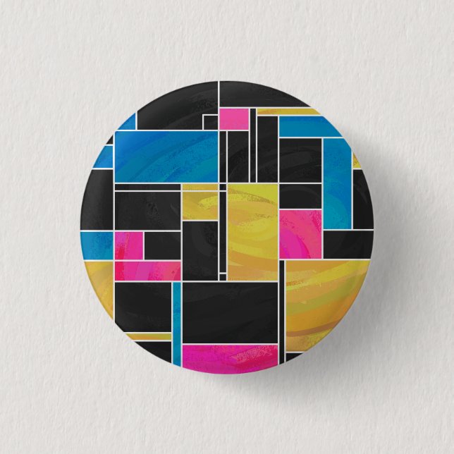 Mondrian Blue Pink Black Print Pinback Button (Front)