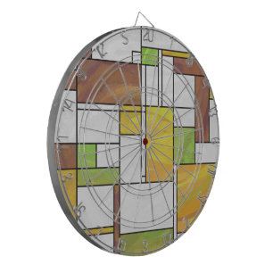 Mondrian Brown Yellow Green Print Dartboard With Darts