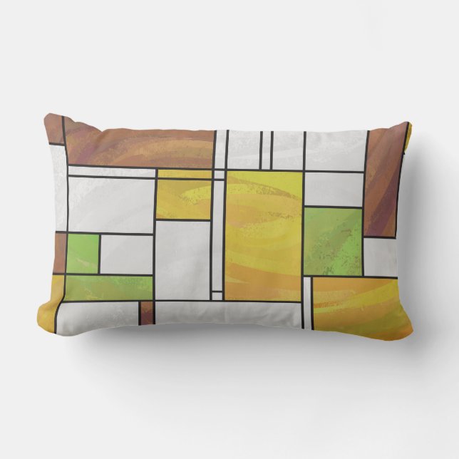 Mondrian Brown Yellow Green Print Lumbar Pillow (Front)