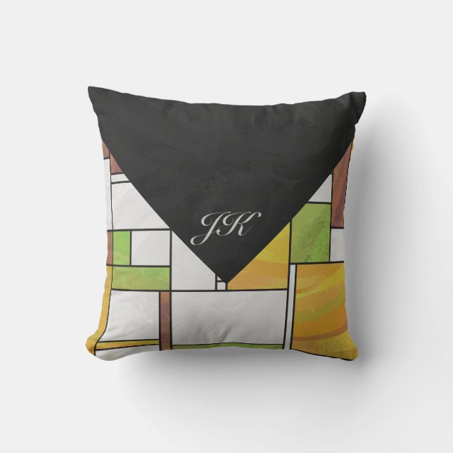 Mondrian Brown Yellow Green Print Throw Pillow (Front)