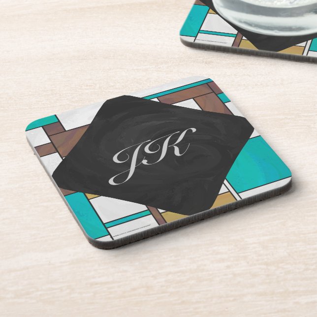Mondrian Brown Yellow Teal Print Beverage Coaster (Left Side)