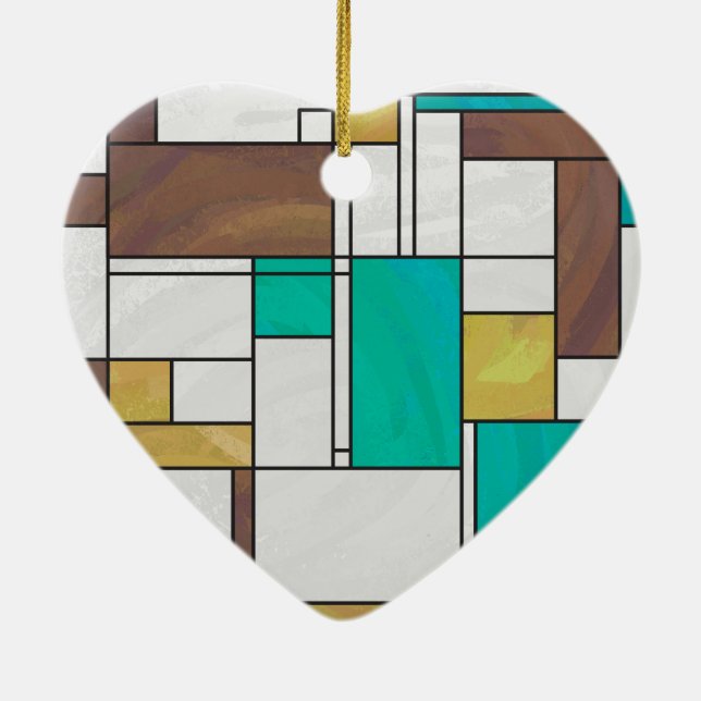 Mondrian Brown Yellow Teal Print Ceramic Ornament (Back)