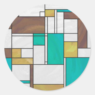 Mondrian Brown Yellow Teal Print Classic Round Sticker