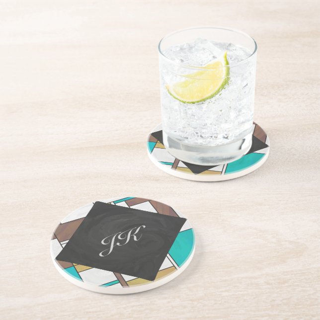 Mondrian Brown Yellow Teal Print Drink Coaster (Side)