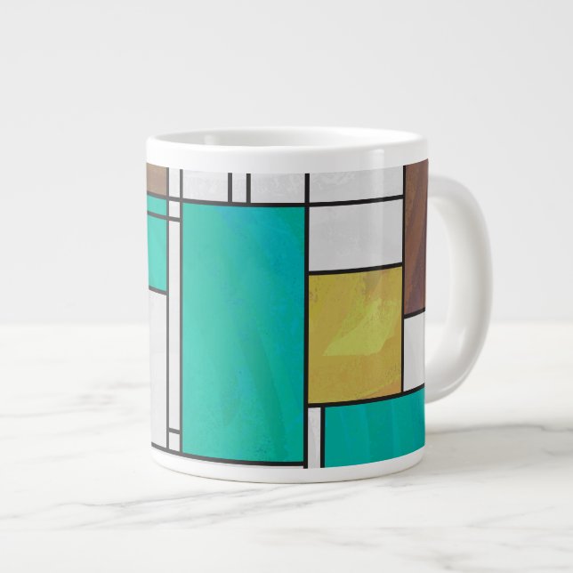 Mondrian Brown Yellow Teal Print Giant Coffee Mug (Front Right)
