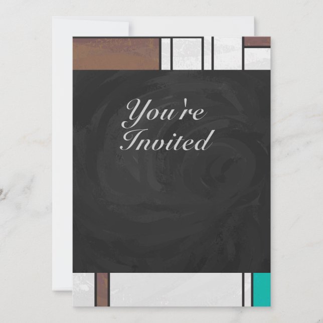 Mondrian Brown Yellow Teal Print Invitation (Front)
