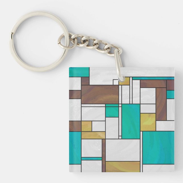 Mondrian Brown Yellow Teal Print Keychain (Front)