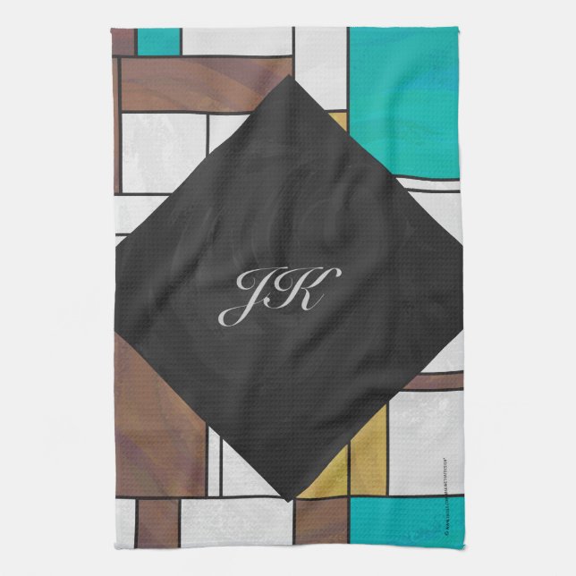 Mondrian Brown Yellow Teal Print Kitchen Towel (Vertical)