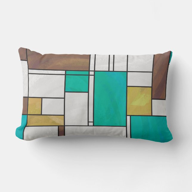 Mondrian Brown Yellow Teal Print Lumbar Pillow (Front)