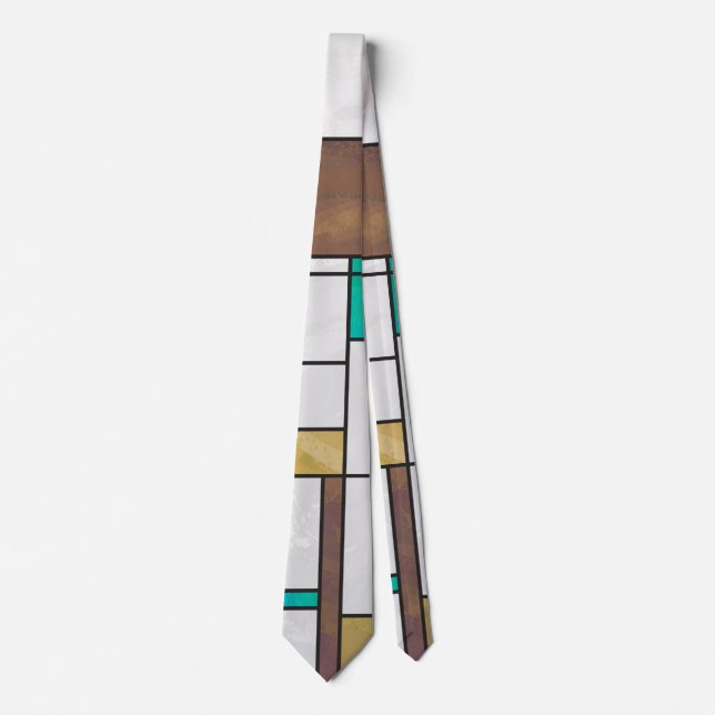 Mondrian Brown Yellow Teal Print Neck Tie (Front)