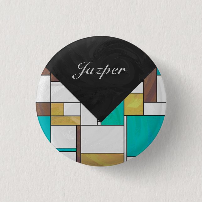 Mondrian Brown Yellow Teal Print Pinback Button (Front)
