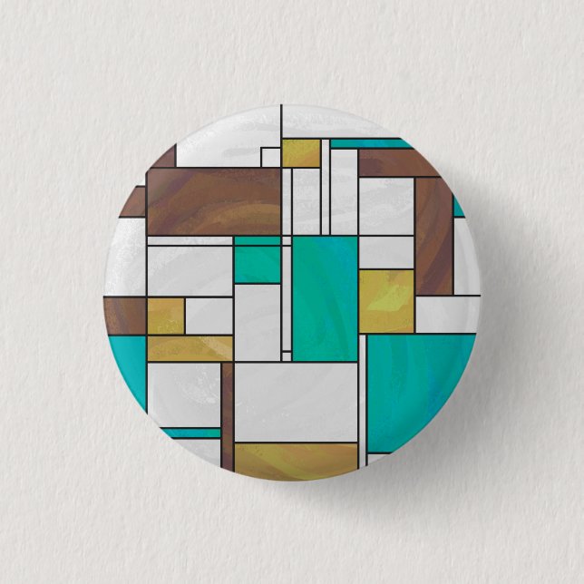 Mondrian Brown Yellow Teal Print Pinback Button (Front)