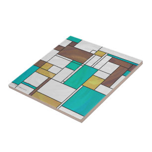Mondrian Brown Yellow Teal Print Tile
