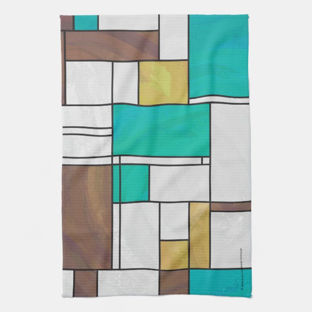 Mondrian Brown Yellow Teal Print Towel (Vertical)