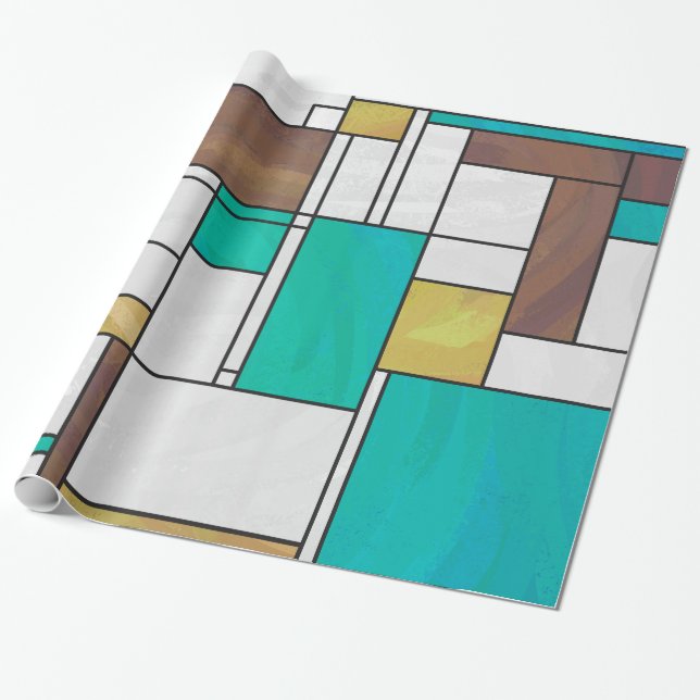 Mondrian Brown Yellow Teal Print Wrapping Paper (Unrolled)