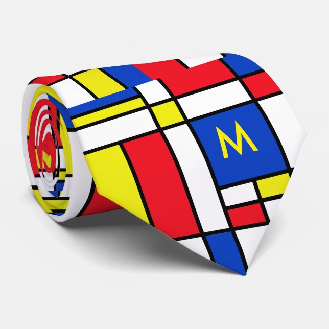Mondrian Inspired Geometrical Design Abstract Art Neck Tie (Rolled)
