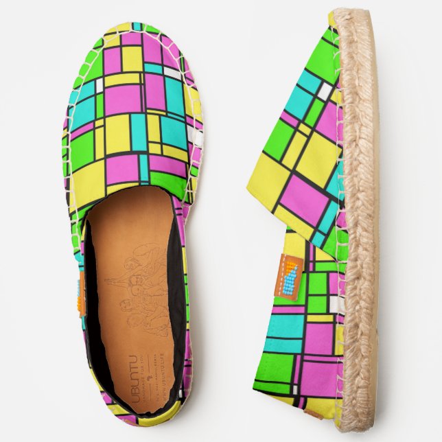 Mondrian Inspired Style Hot Pink Aqua Yellow Lime Espadrilles (Side)