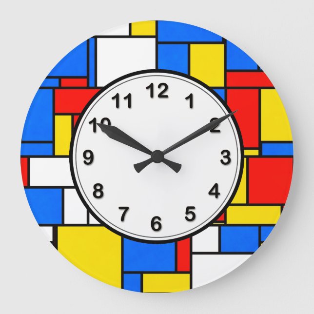 Mondrian Inspired Style Red Blue Yellow Pattern Large Clock (Front)